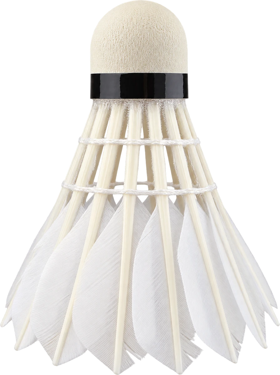 MONS Black Label shuttlecock from the side, showing the cork, black band and goose-feather skirt