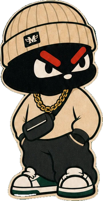 MONS mascot wearing a beige beanie and crossbody bag
