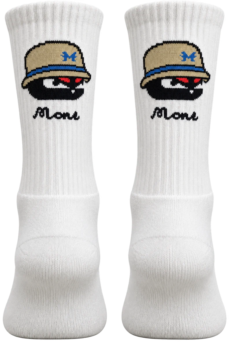 MONS beige accent sports socks, product-only rear view with the full MONS logo on the cuff